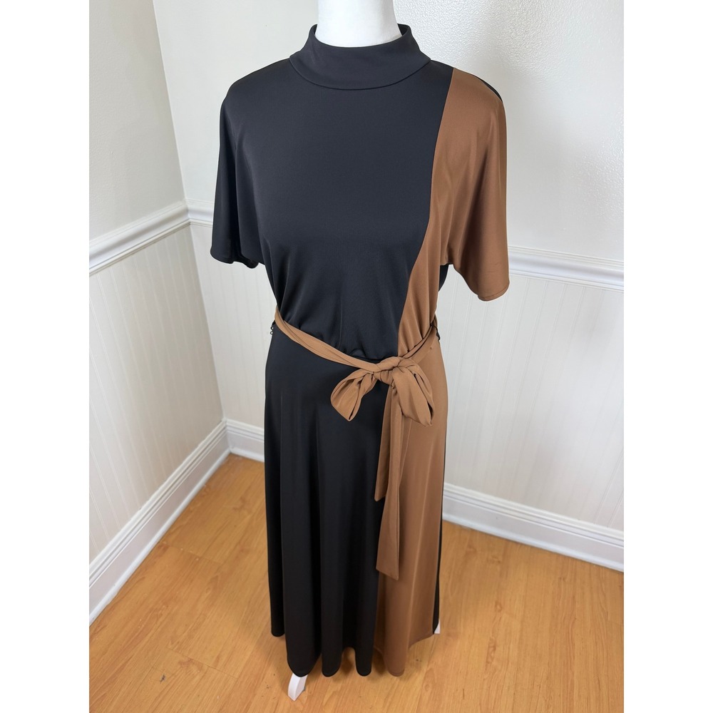 Ann Taylor Colorblock Maxi Dress Womens 6 Black Brown Mock Neck Belted Jersey